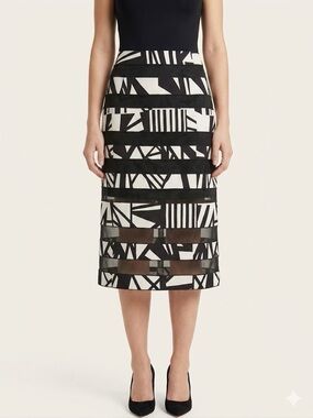 Brand New Lafayette 148 New York Black and White Silk Geometric Midi Skirt